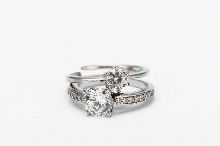 Closeup of diamond rings on a white background