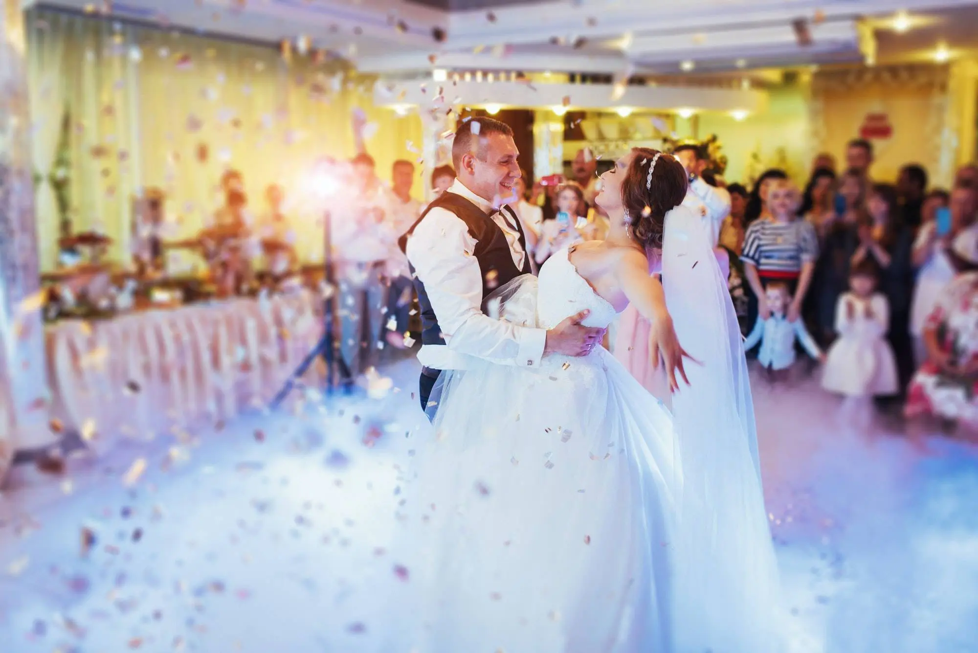 Happy bride and groom their first dance